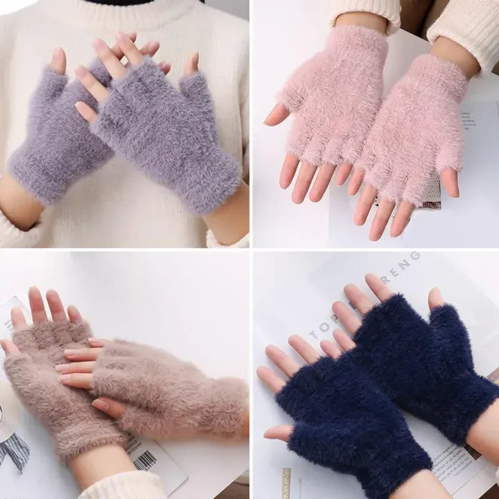 Half Finger Gloves for Girls, Plush Fingerless Gloves in Multicolor